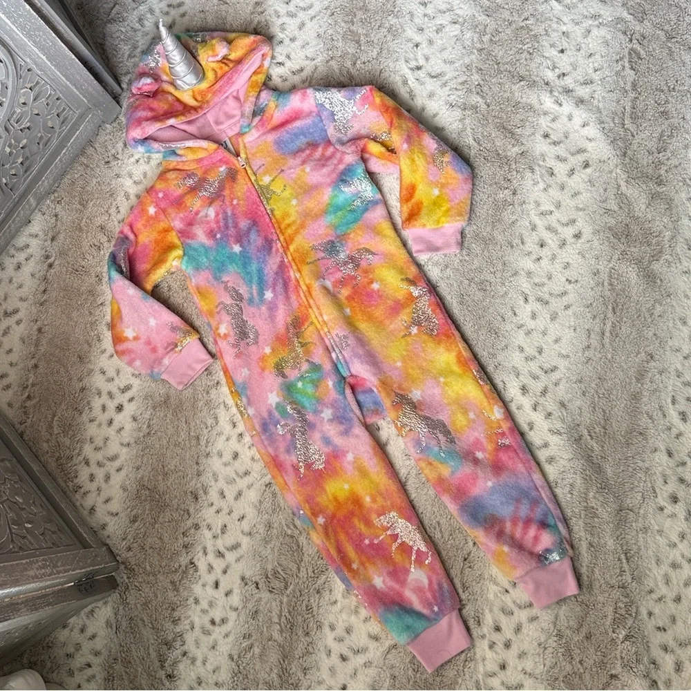 Children’s Place rainbow fleece unicorn onesie pajamas girls xsmall magical